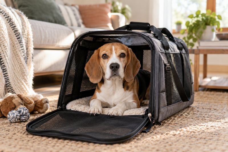 Beagle sitting inside an open soft-sided pet carrier on a living room floor