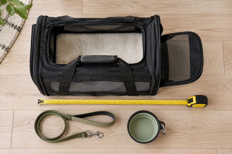 Empty soft-sided pet carrier on a wooden floor with a tape measure, leash and water bowl