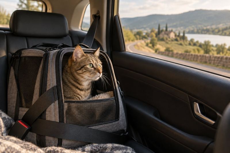 Tabby cat in a carrier strapped into the back seat of a car on a country road