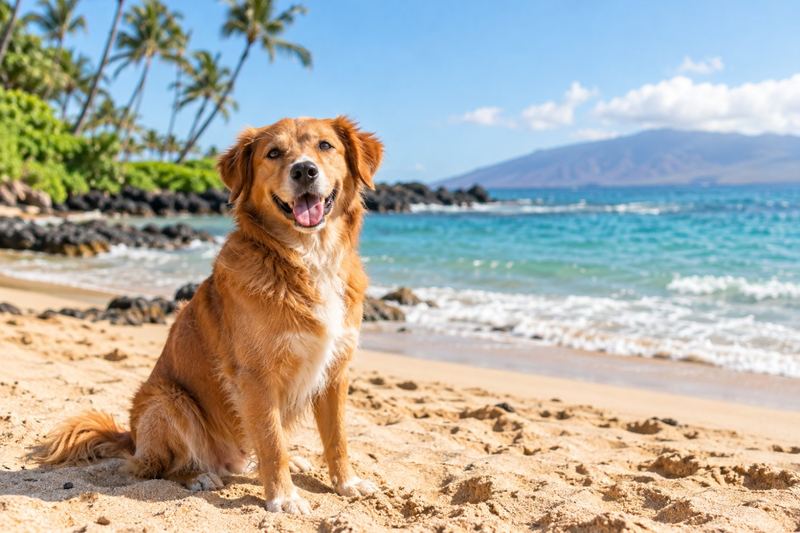 Golden dog sitting on a Hawaiian beach with turquoise water and palm trees