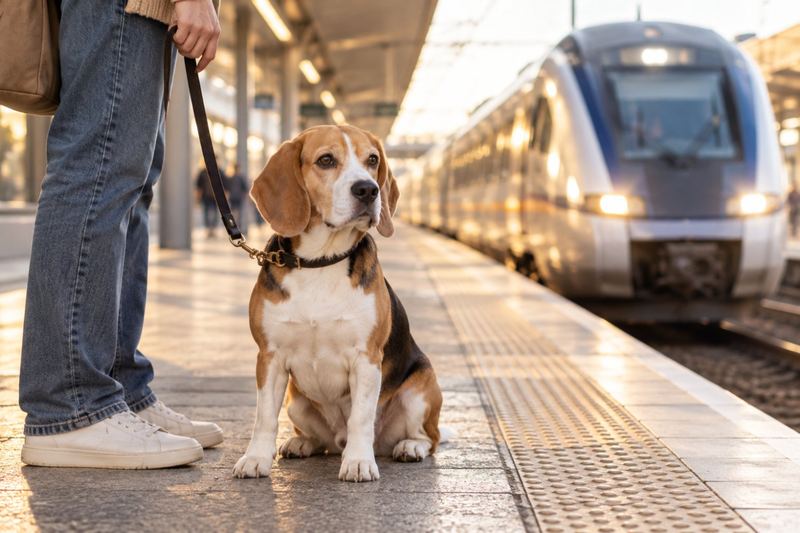 Beagle on a leash beside its owner on a station platform as a train arrives