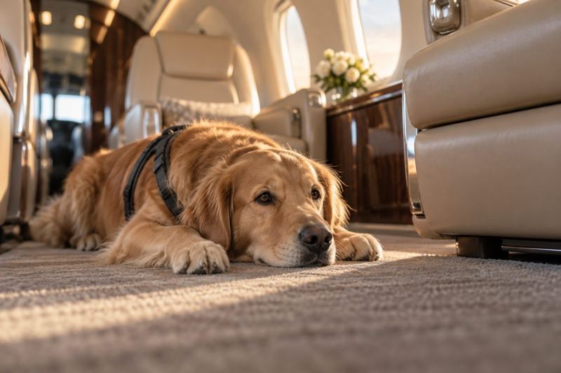 Golden retriever lying on the floor of a private jet cabin