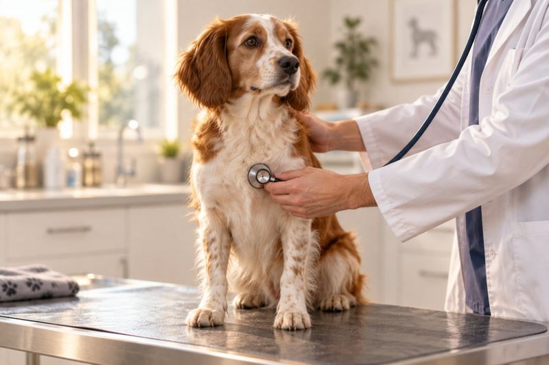 Veterinarian listening to a spaniel's chest with a stethoscope on an exam table
